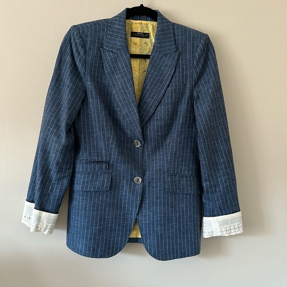 Sonia Bogner Linen/Silk Navy Pinstriped Blazer with Contrasting Cuffs Size 6 - Picture 1 of 13